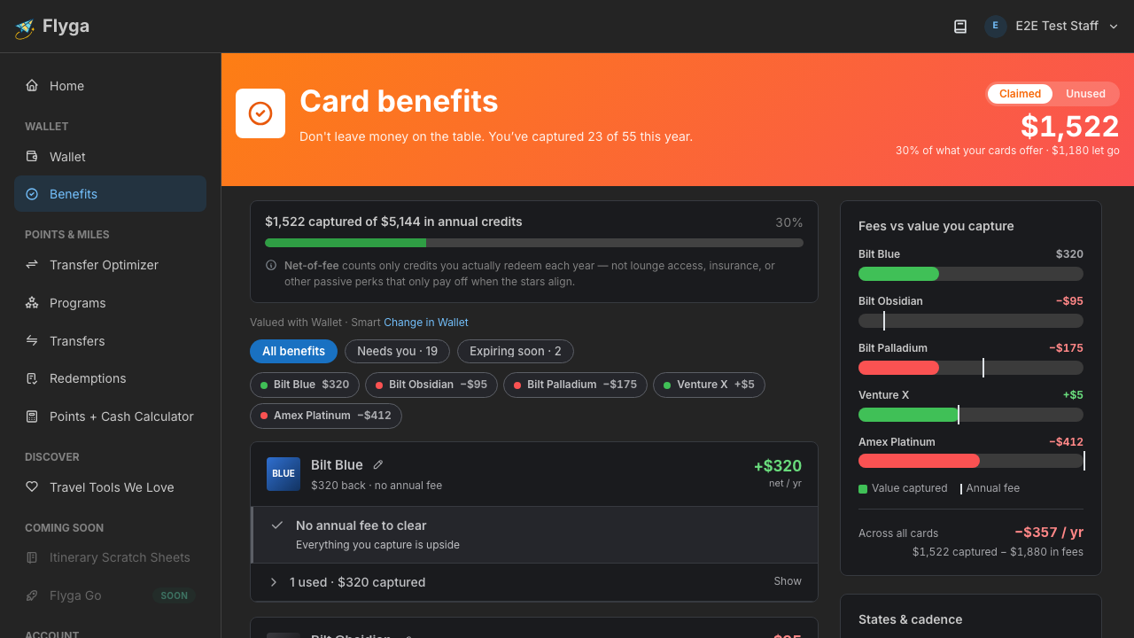 Benefits page with hero totals, filters, and a card scorecard