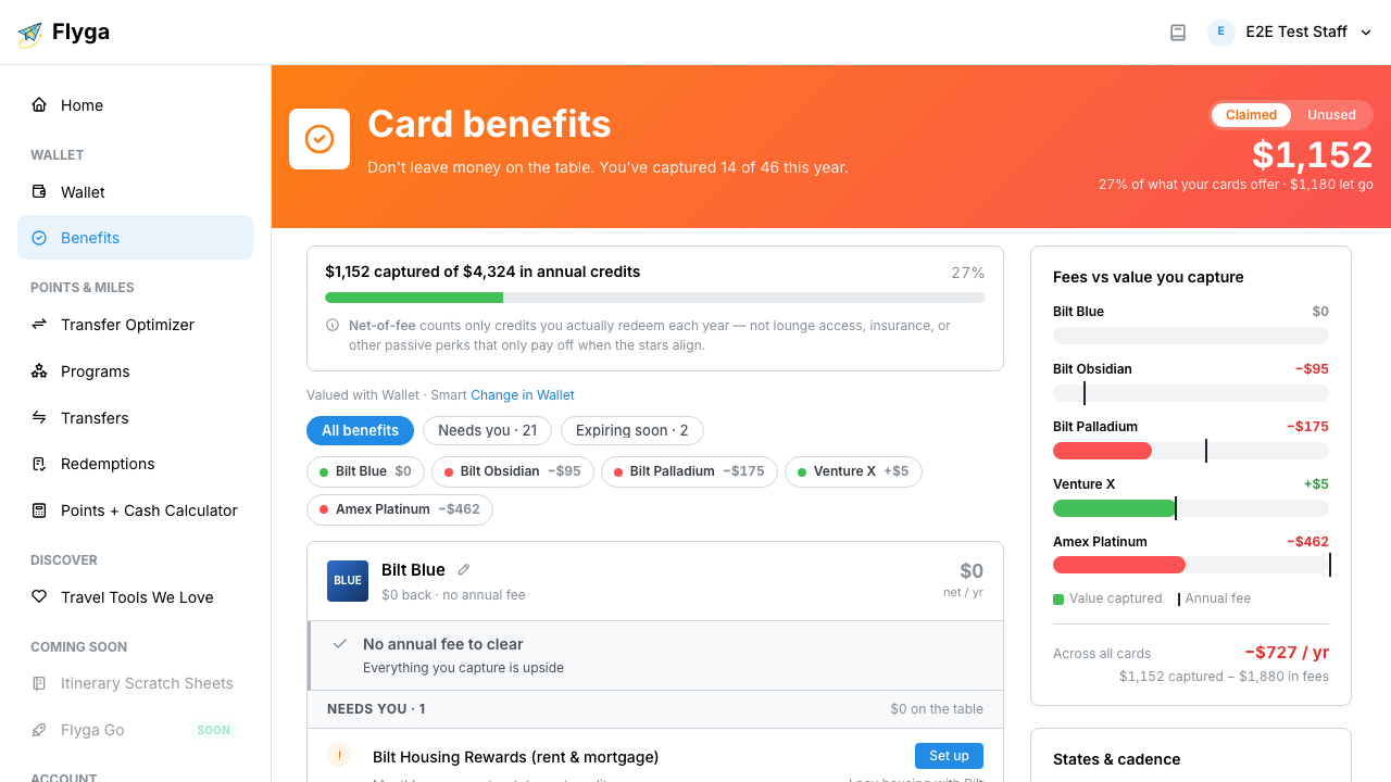 Benefits page with hero totals, filters, and a card scorecard