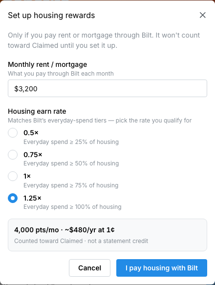Set up housing rewards modal