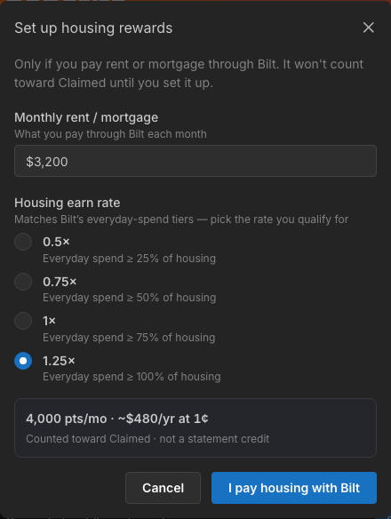 Set up housing rewards modal with rent and earn rate