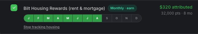 Housing rewards tracked with month pills after setup