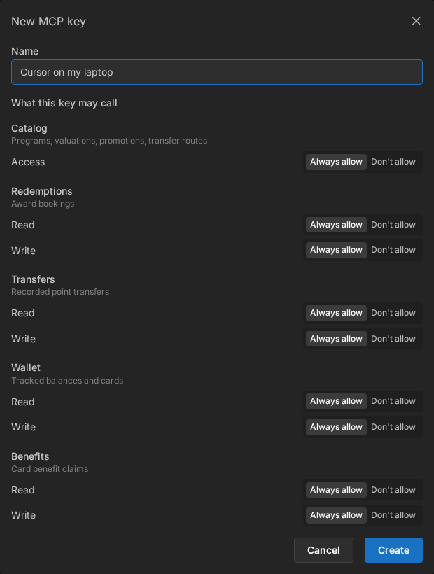 New MCP key dialog with name and Always allow switches