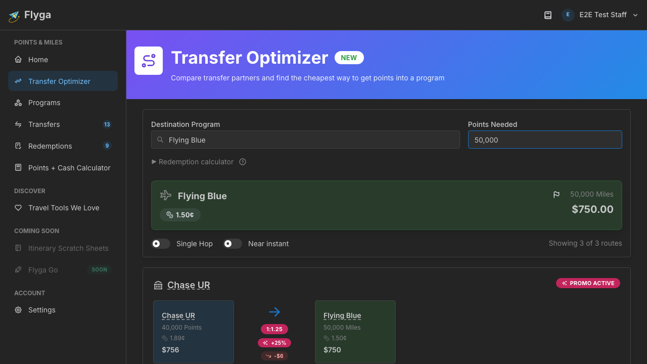Transfer options with value columns highlighted