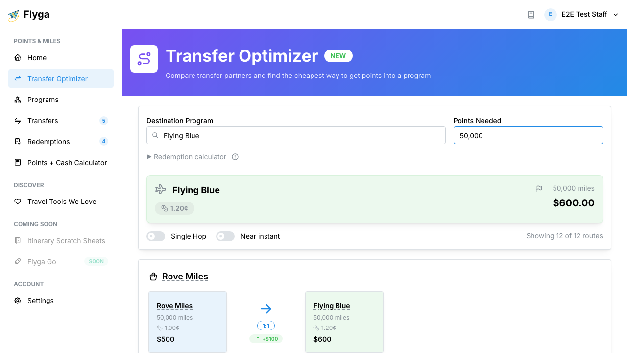 Transfer options with value columns highlighted