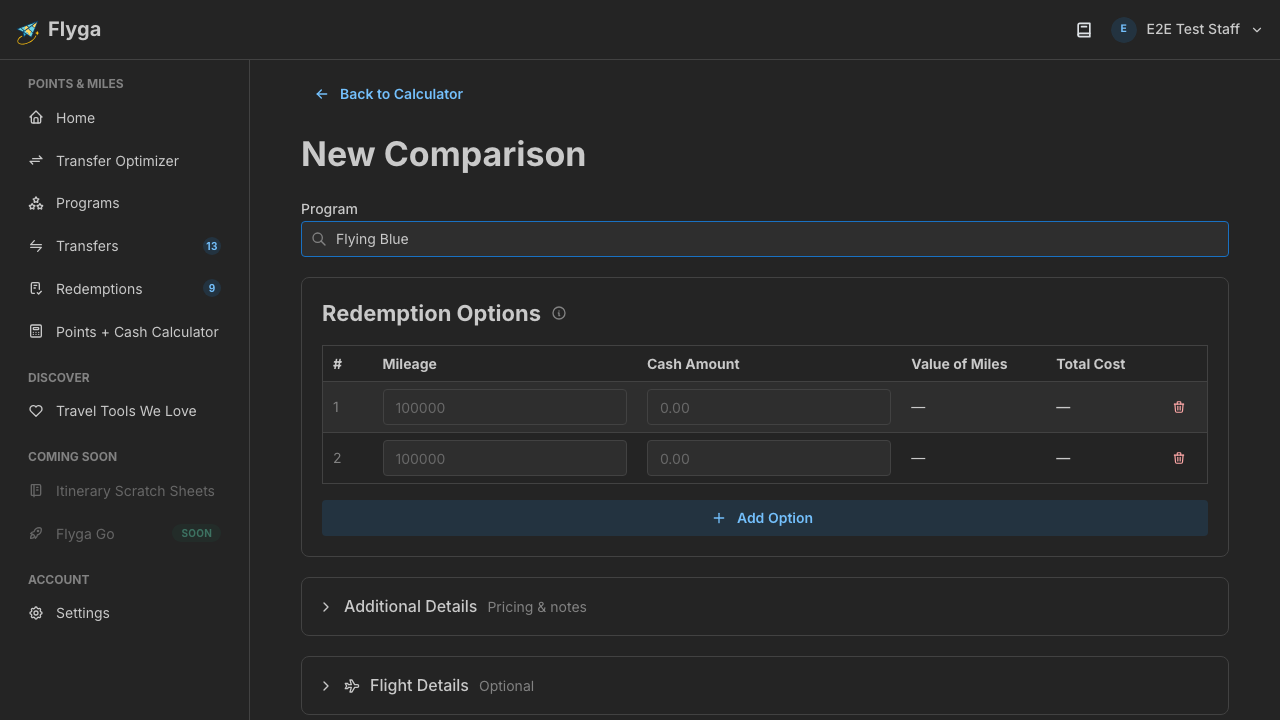 Program selected with valuation auto-loaded