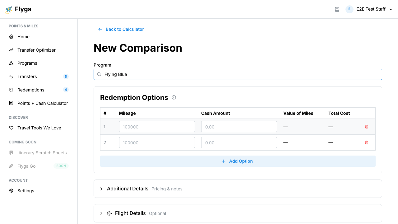 Program selected with valuation auto-loaded