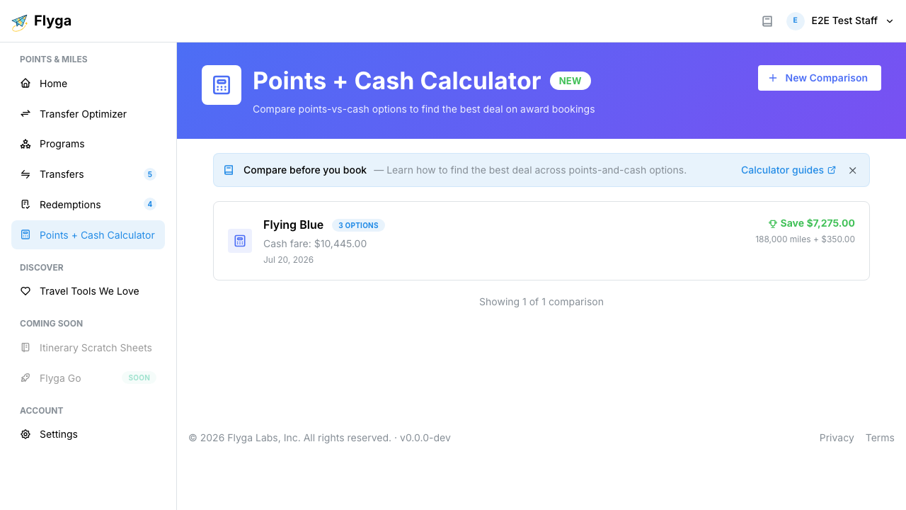 List page showing saved comparisons