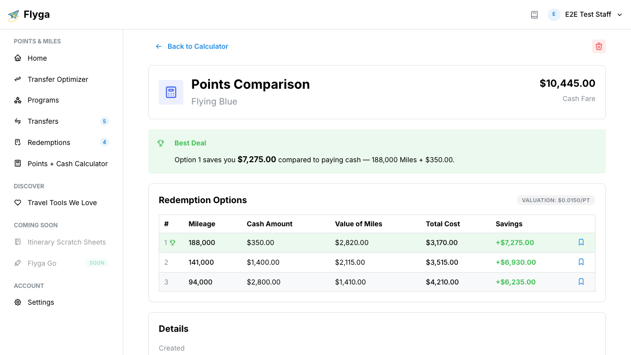 Track redemption button in the options table