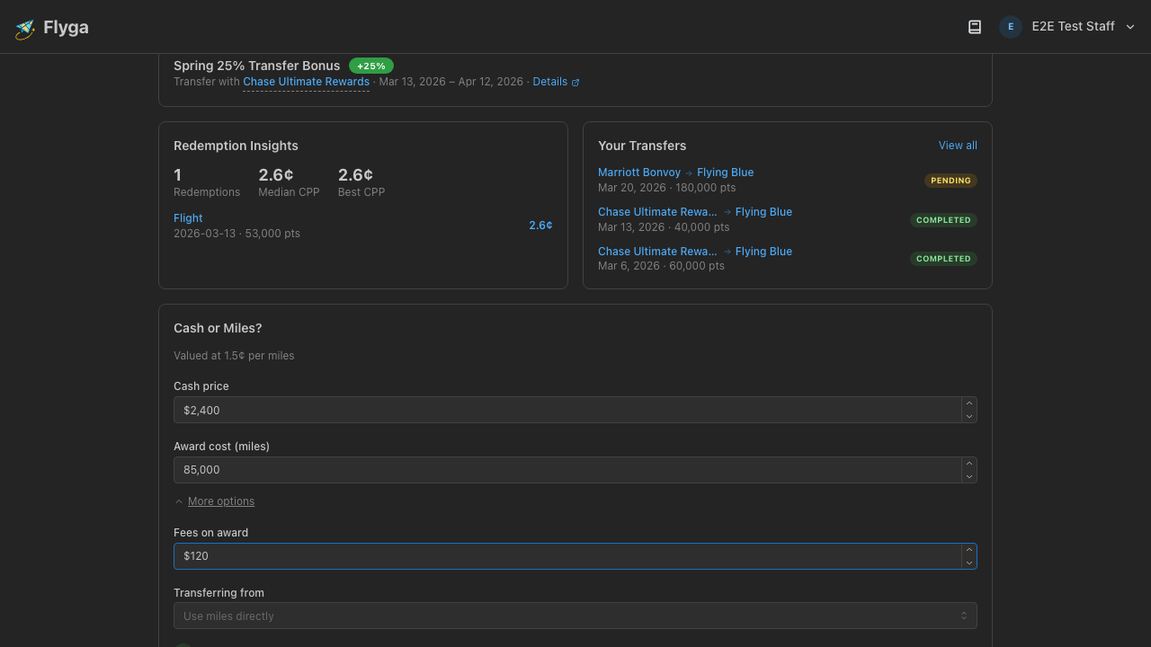 Calculator with More options expanded showing fees and transfer partner