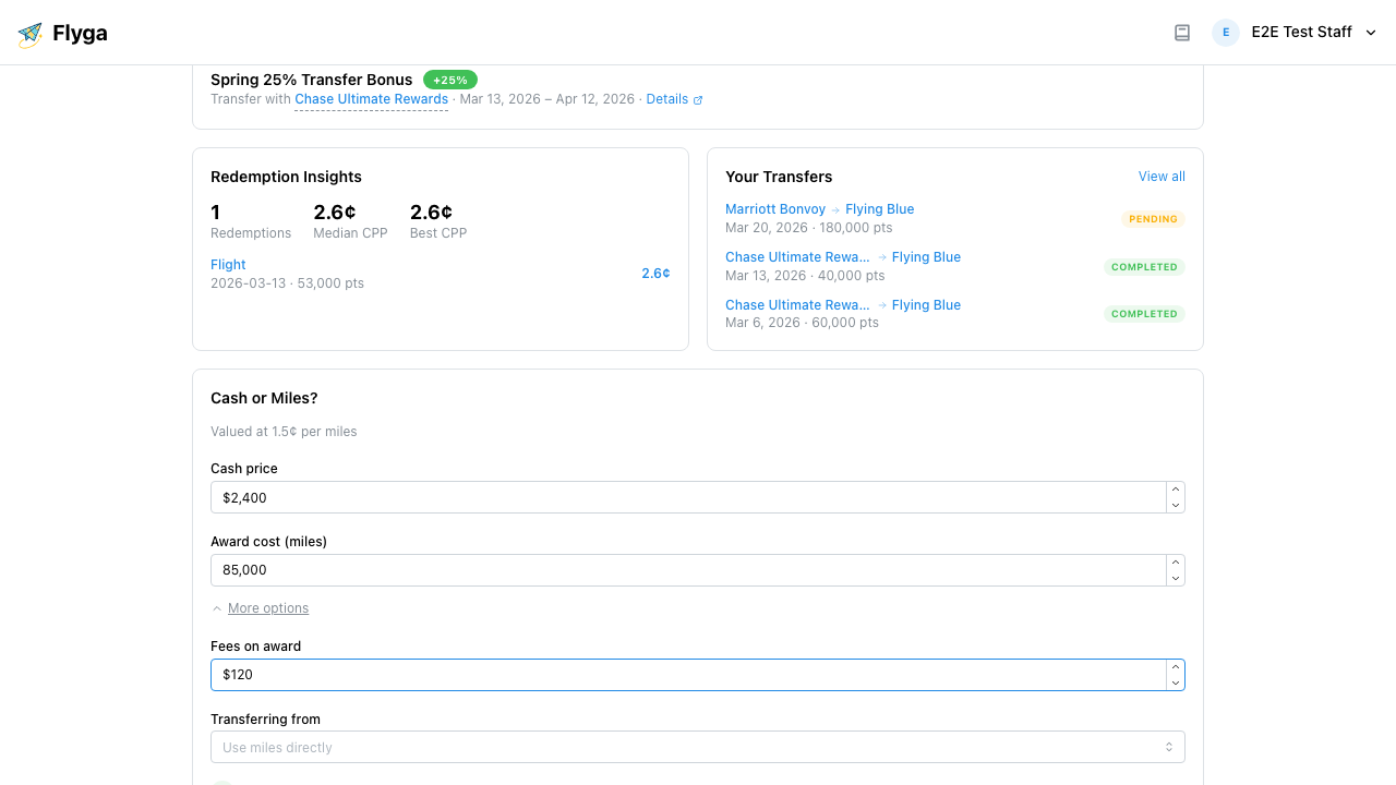 Calculator with More options expanded showing fees and transfer partner