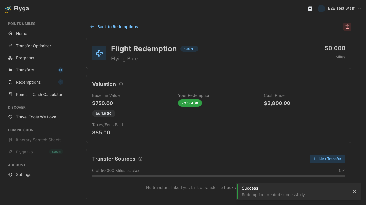 Redemption detail page after creation