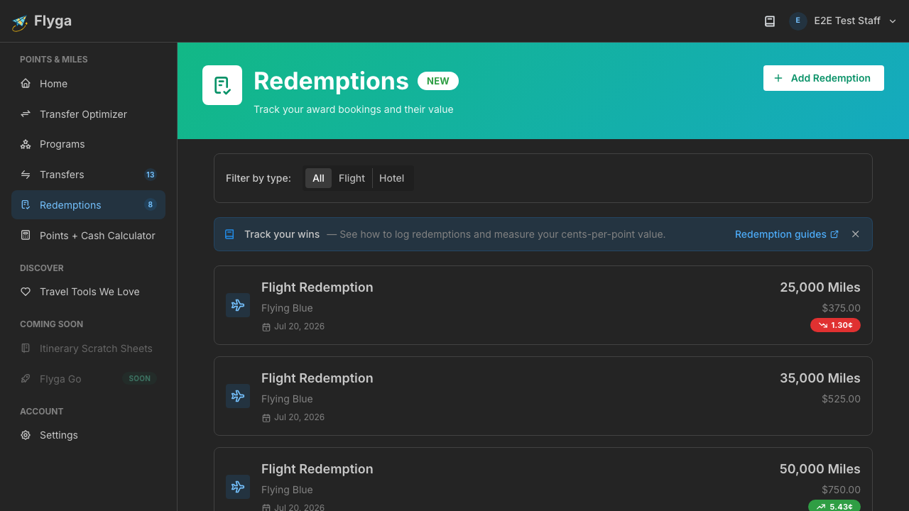 Redemptions list showing ERV badges
