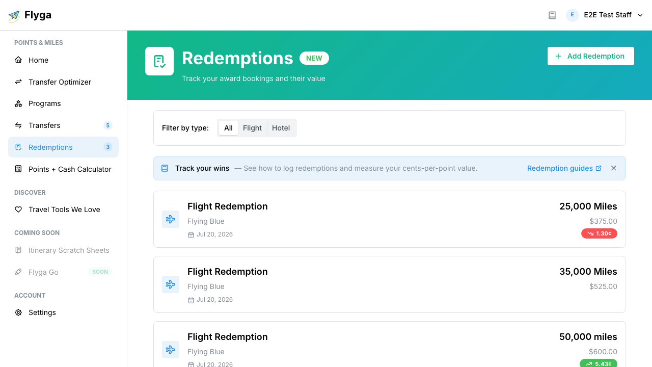 Redemptions list showing ERV badges