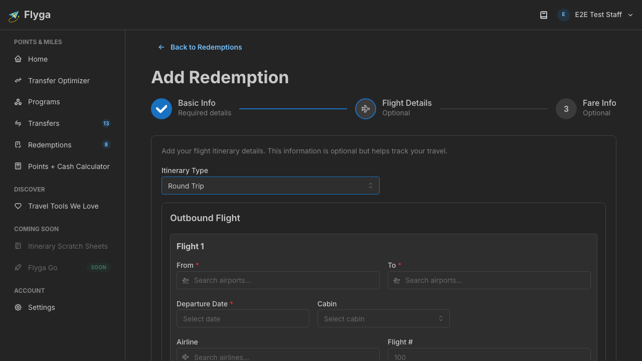 Flight details step with itinerary form