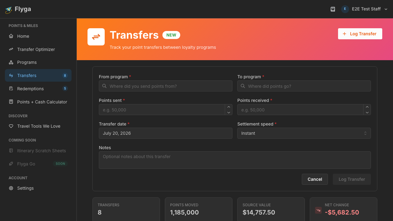 Log Transfer form open