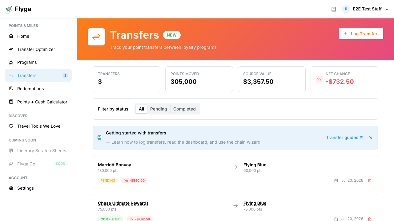 Dashboard with transfers and stats