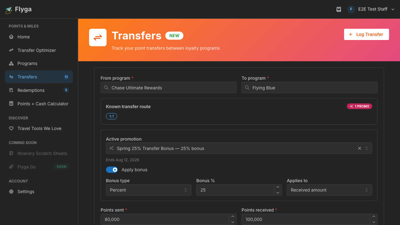Pre-filled transfer form