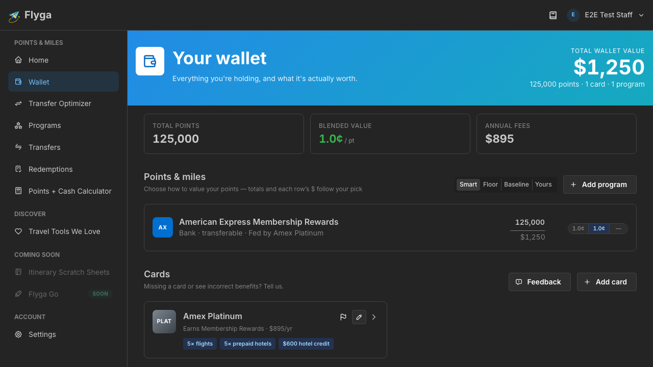 Wallet overview with totals, valuation choices, and program rows