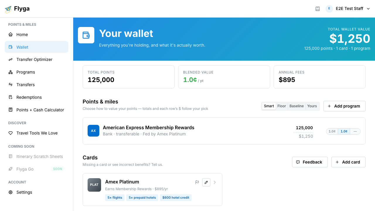 Wallet overview with totals, valuation choices, and program rows