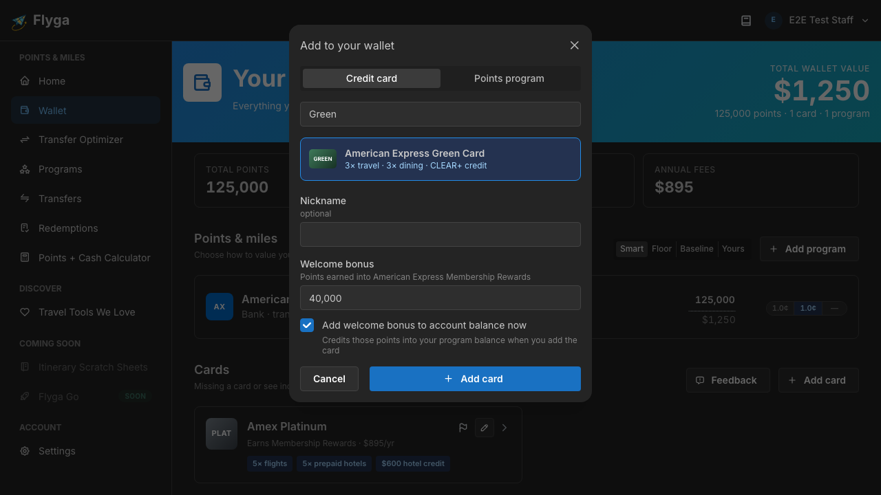 Add card dialog with search and welcome bonus options