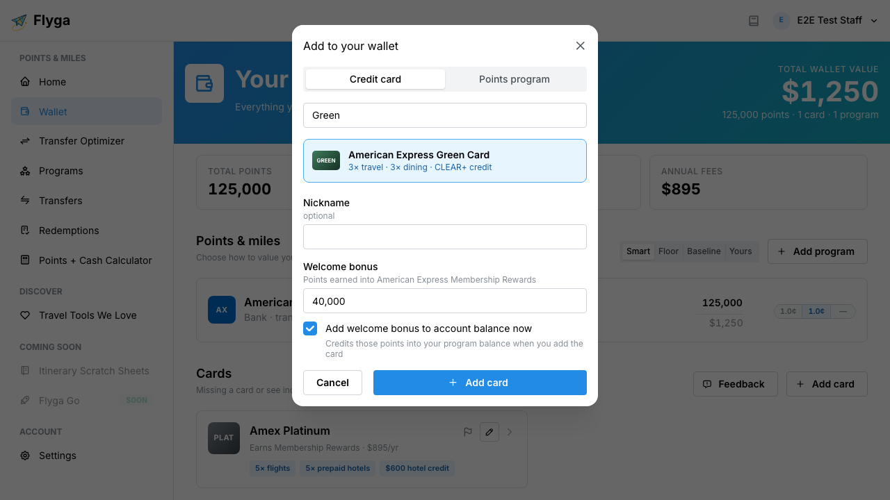 Add card dialog with search and welcome bonus options